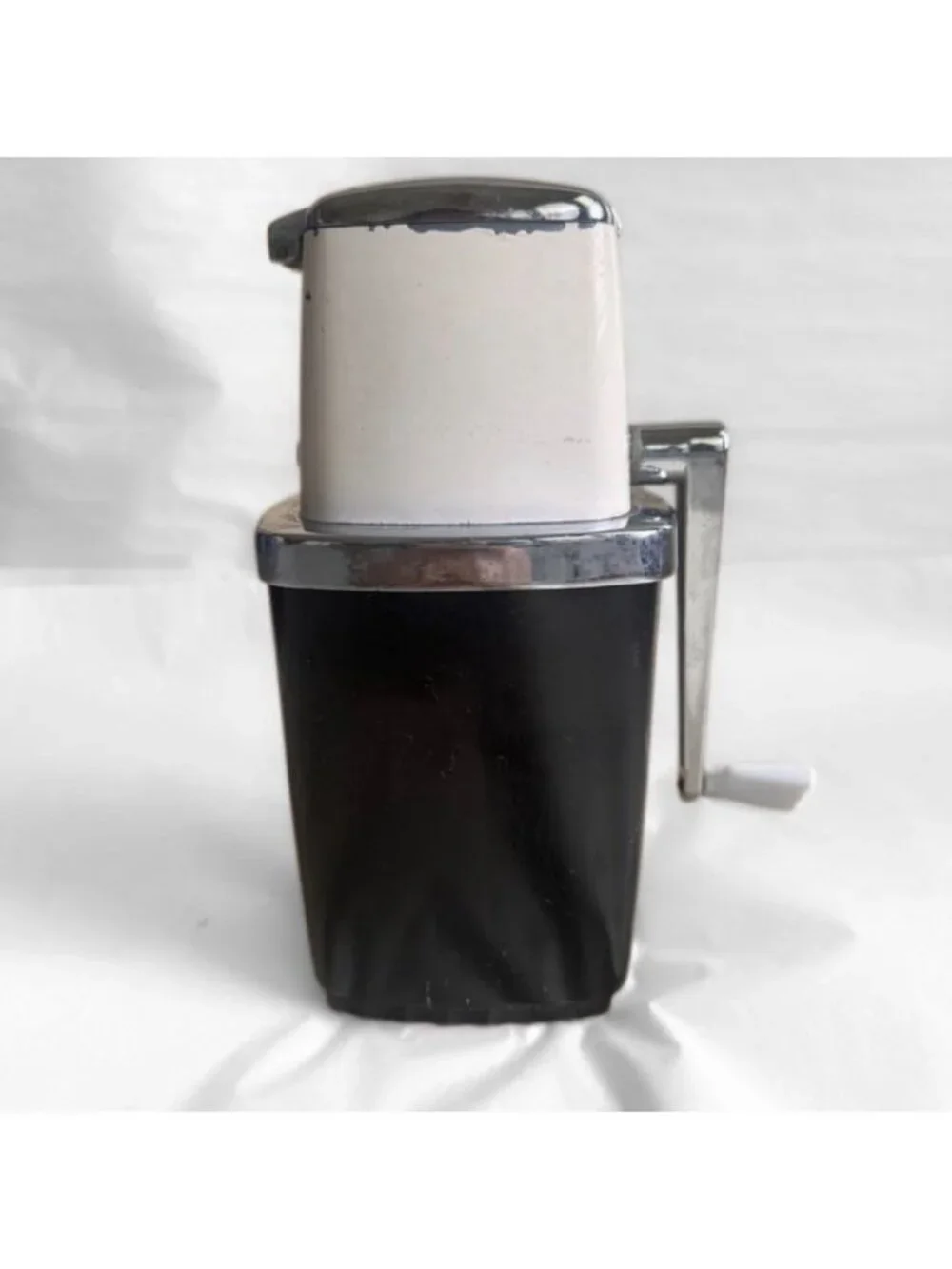 Vintage Counter Top Ice Crusher Hand Crank MCM Retro Kitchen Ivory Black Silver